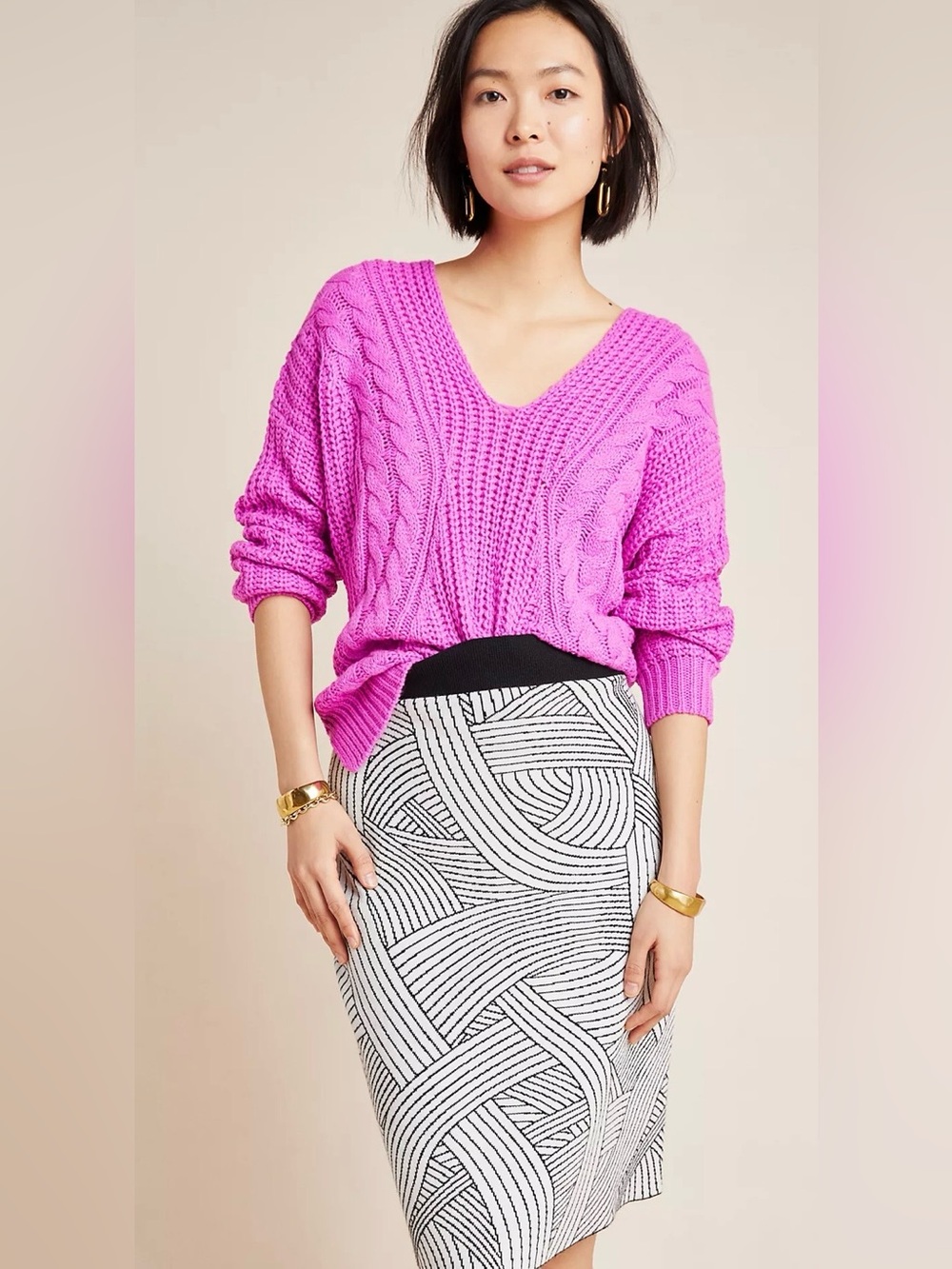 Maeve Anthropologie Jovana Sweater Skirt XS White‎ Geometric Knit Pencil Stretch